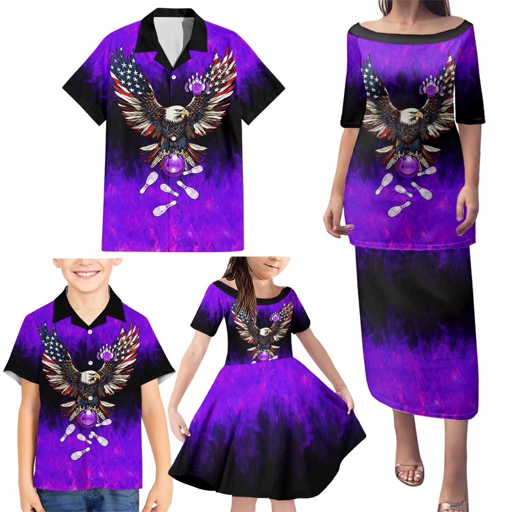 Personalized Patriotic Eagle Bowling Family Matching Puletasi and Hawaiian Shirt with Purple Flames USA Flag Wings Design - Wonder Print Shop