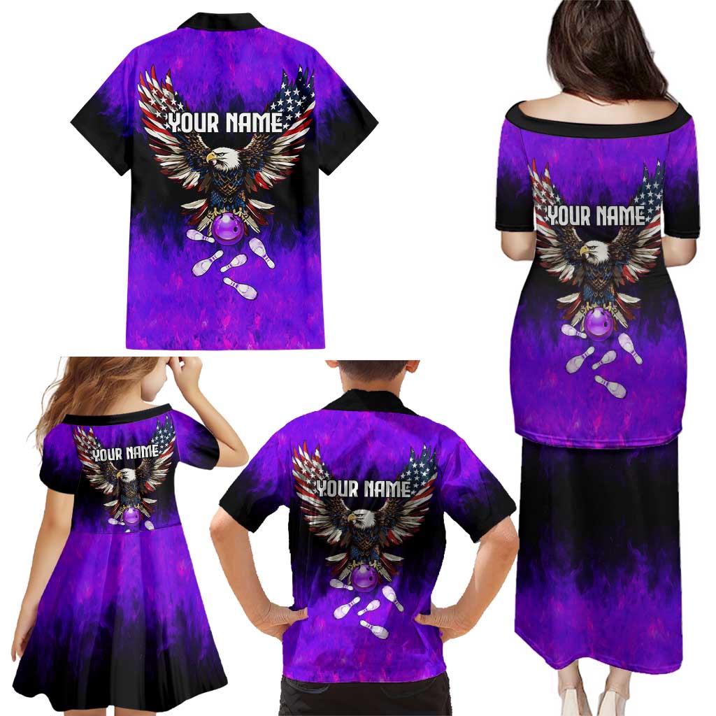 Personalized Patriotic Eagle Bowling Family Matching Puletasi and Hawaiian Shirt with Purple Flames USA Flag Wings Design - Wonder Print Shop