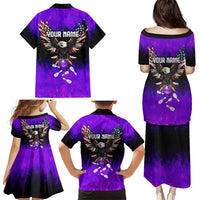 Personalized Patriotic Eagle Bowling Family Matching Puletasi and Hawaiian Shirt with Purple Flames USA Flag Wings Design - Wonder Print Shop