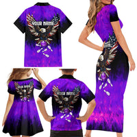 Personalized Patriotic Eagle Bowling Family Matching Short Sleeve Bodycon Dress and Hawaiian Shirt with Purple Flames USA Flag Wings Design - Wonder Print Shop