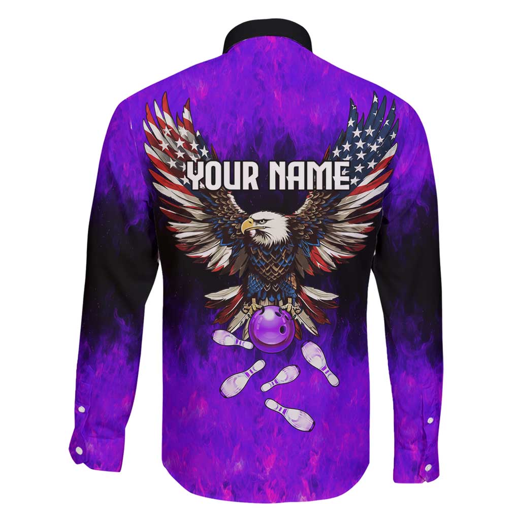 Personalized Patriotic Eagle Bowling Family Matching Short Sleeve Bodycon Dress and Hawaiian Shirt with Purple Flames USA Flag Wings Design - Wonder Print Shop