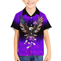 Personalized Patriotic Eagle Bowling Family Matching Short Sleeve Bodycon Dress and Hawaiian Shirt with Purple Flames USA Flag Wings Design - Wonder Print Shop
