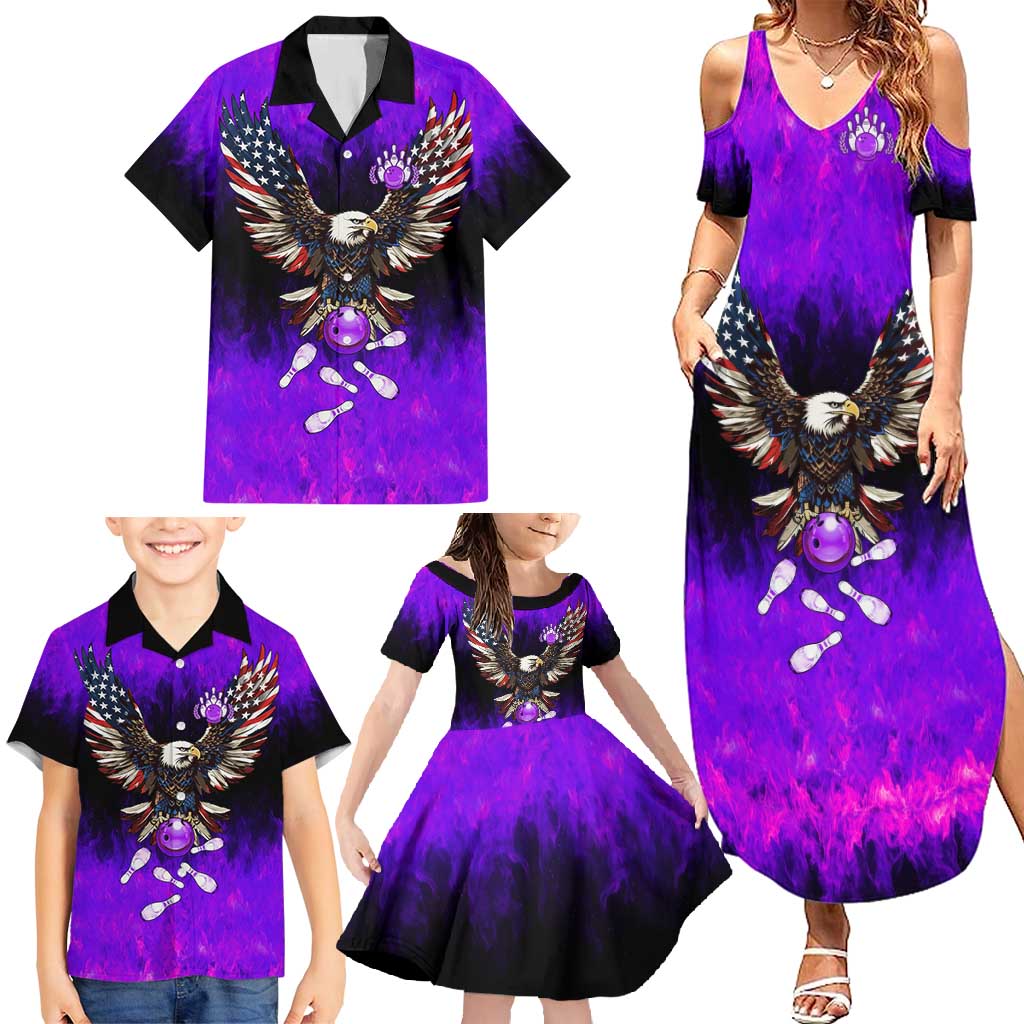 Personalized Patriotic Eagle Bowling Family Matching Summer Maxi Dress and Hawaiian Shirt with Purple Flames USA Flag Wings Design - Wonder Print Shop