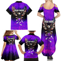 Personalized Patriotic Eagle Bowling Family Matching Summer Maxi Dress and Hawaiian Shirt with Purple Flames USA Flag Wings Design - Wonder Print Shop