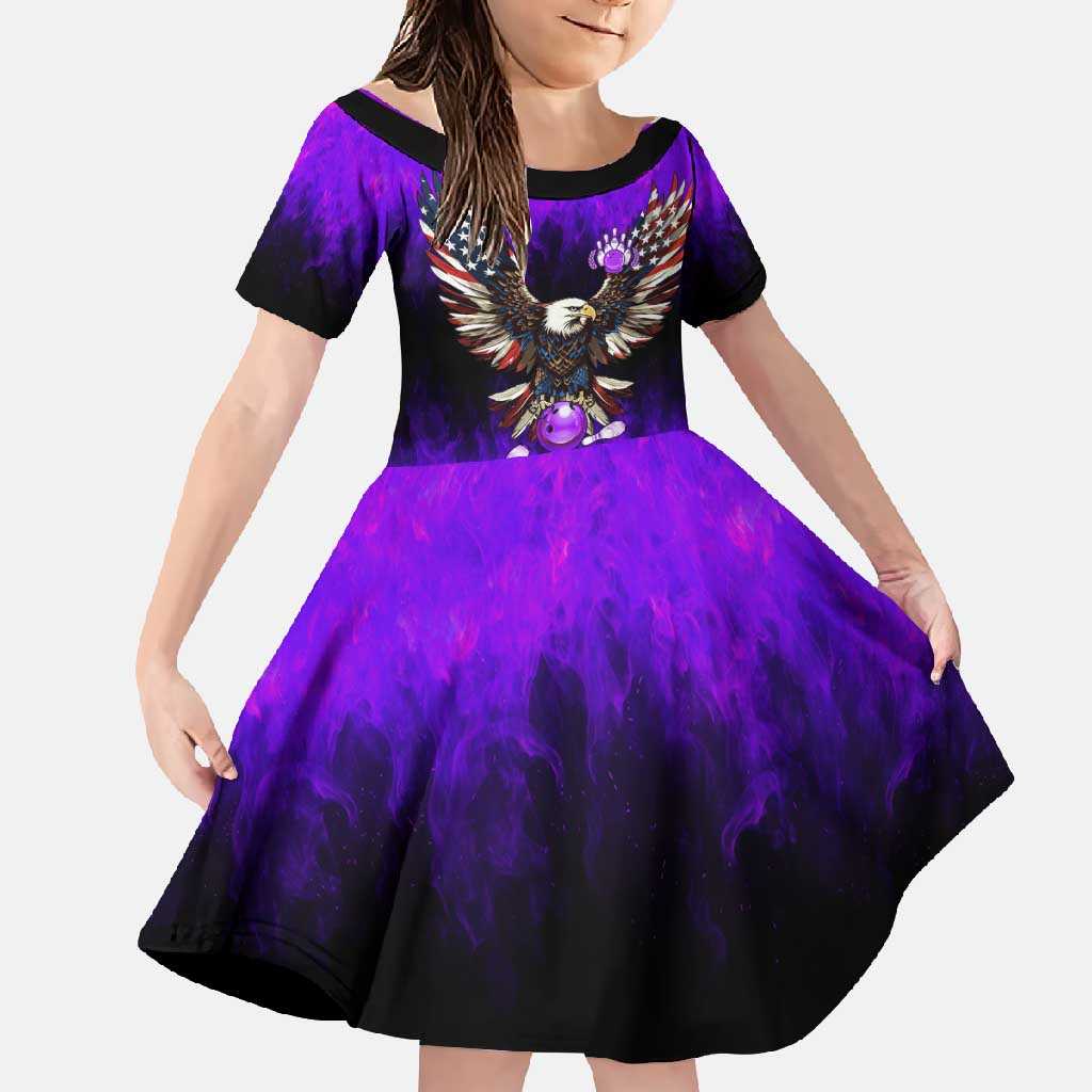 Personalized Patriotic Eagle Bowling Family Matching Tank Maxi Dress and Hawaiian Shirt with Purple Flames USA Flag Wings Design - Wonder Print Shop