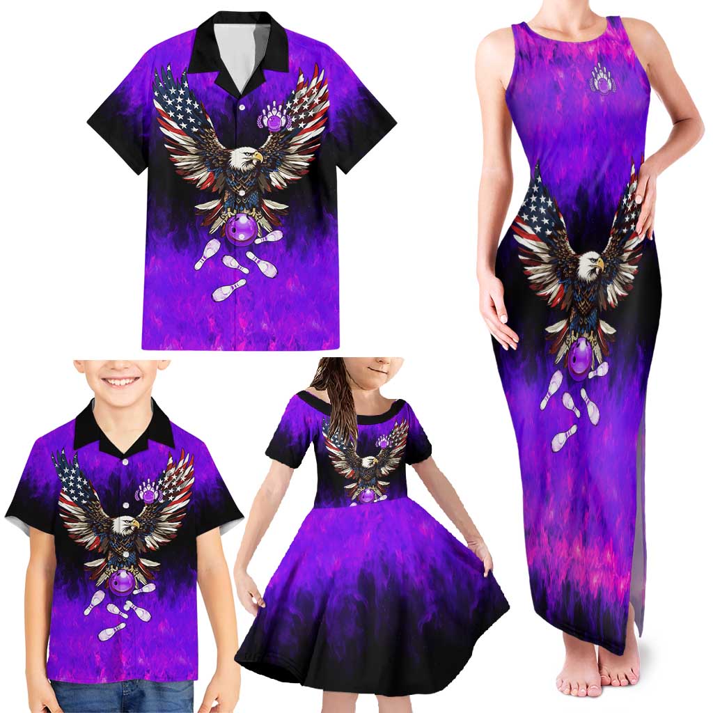 Personalized Patriotic Eagle Bowling Family Matching Tank Maxi Dress and Hawaiian Shirt with Purple Flames USA Flag Wings Design - Wonder Print Shop