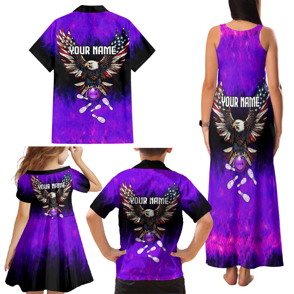 Personalized Patriotic Eagle Bowling Family Matching Tank Maxi Dress and Hawaiian Shirt with Purple Flames USA Flag Wings Design - Wonder Print Shop