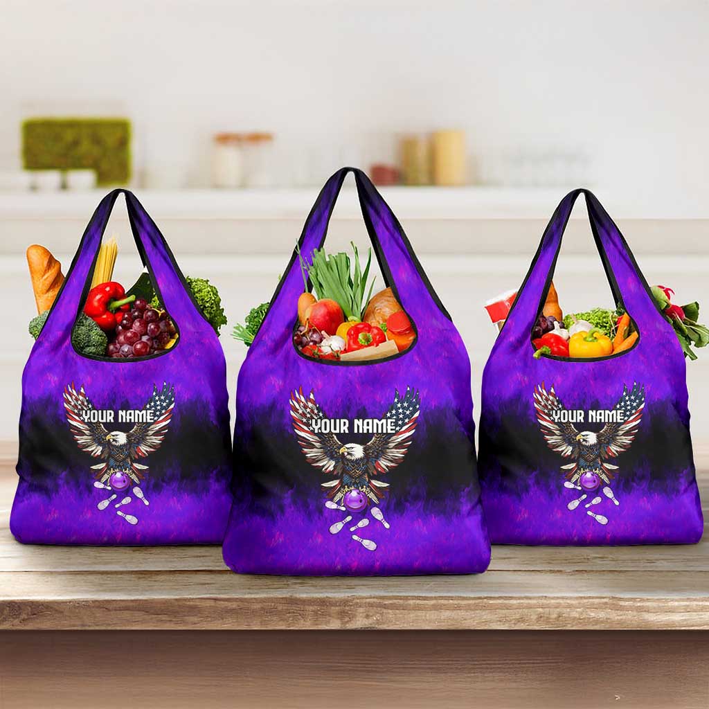 Personalized Patriotic Eagle Bowling Grocery Bag with Purple Flames USA Flag Wings Design - Wonder Print Shop