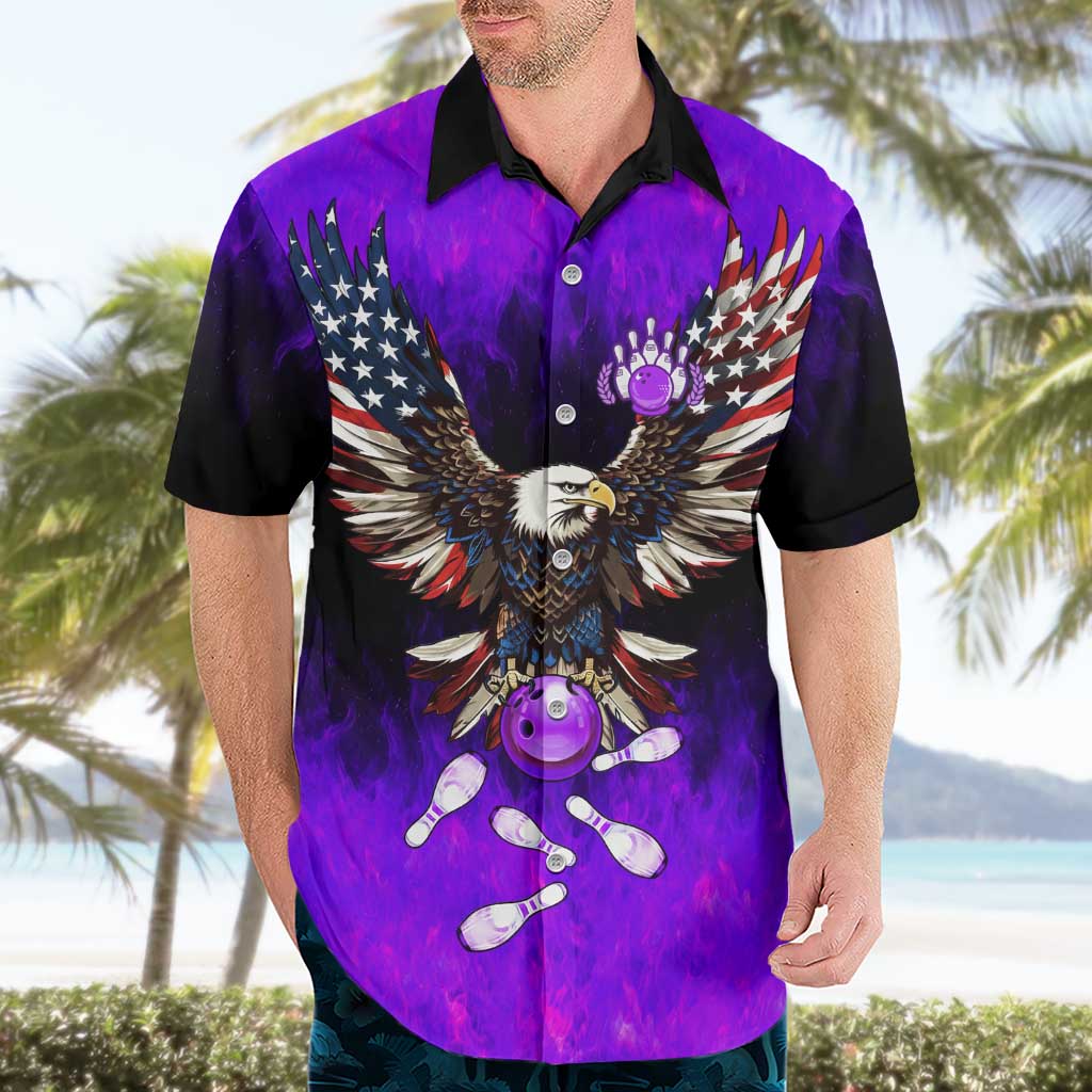 Personalized Patriotic Eagle Bowling Hawaiian Shirt with Purple Flames USA Flag Wings Design - Wonder Print Shop