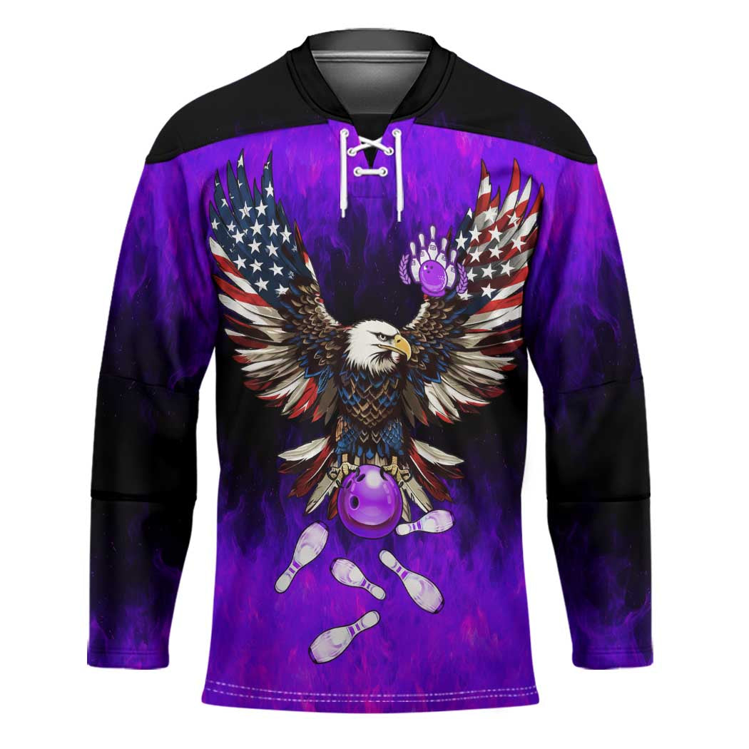 Personalized Patriotic Eagle Bowling Hockey Jersey with Purple Flames USA Flag Wings Design - Wonder Print Shop