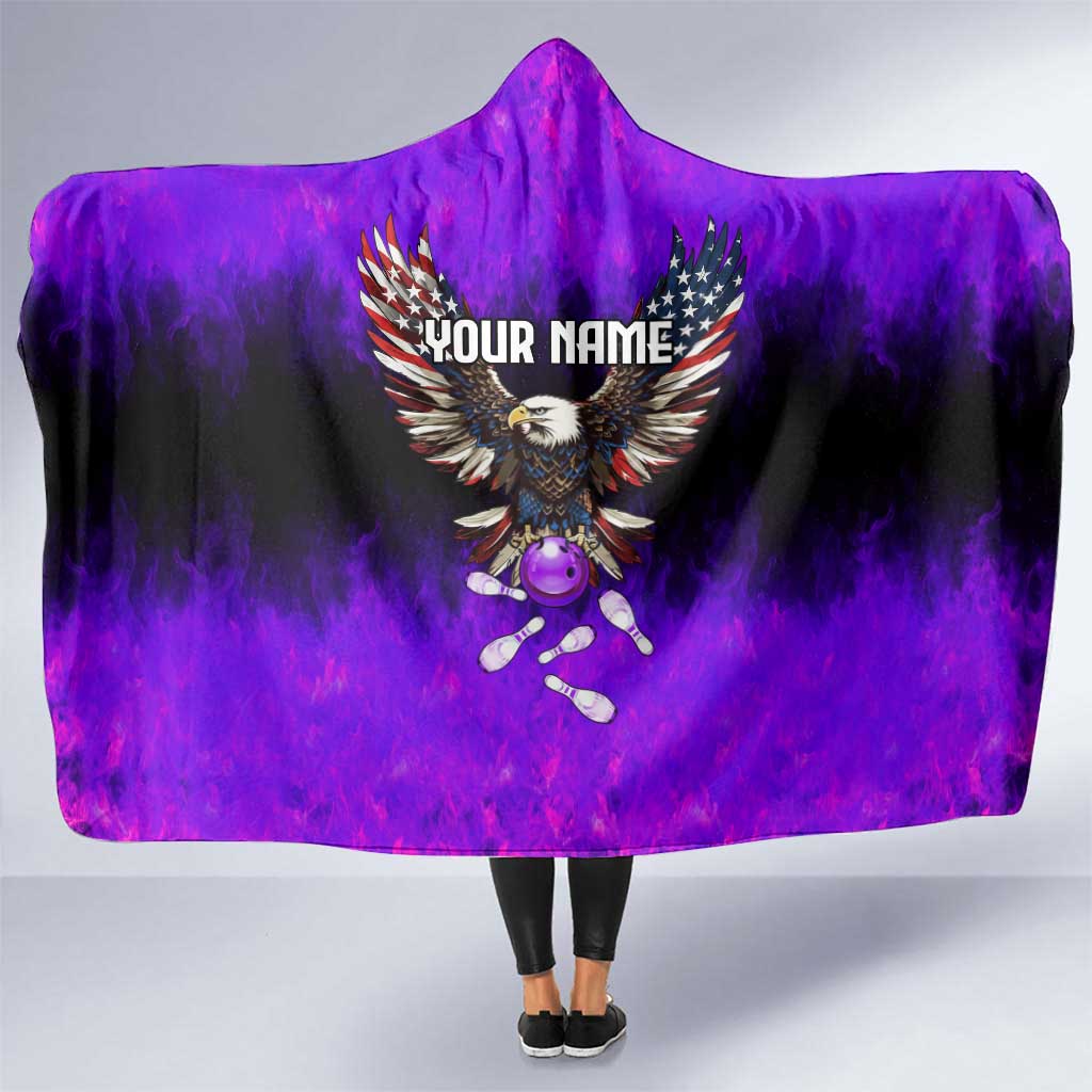 Personalized Patriotic Eagle Bowling Hooded Blanket with Purple Flames USA Flag Wings Design - Wonder Print Shop