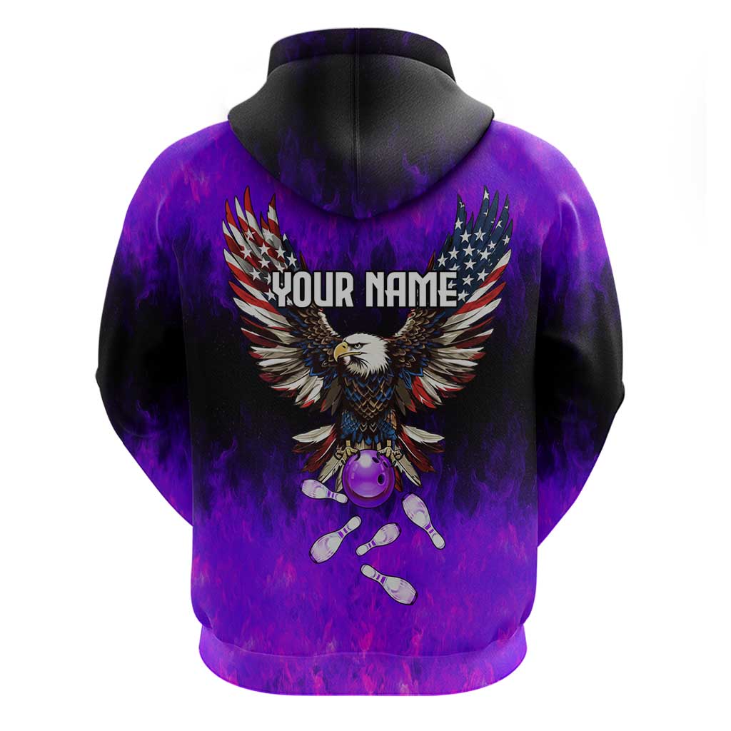 Personalized Patriotic Eagle Bowling Hoodie with Purple Flames USA Flag Wings Design - Wonder Print Shop