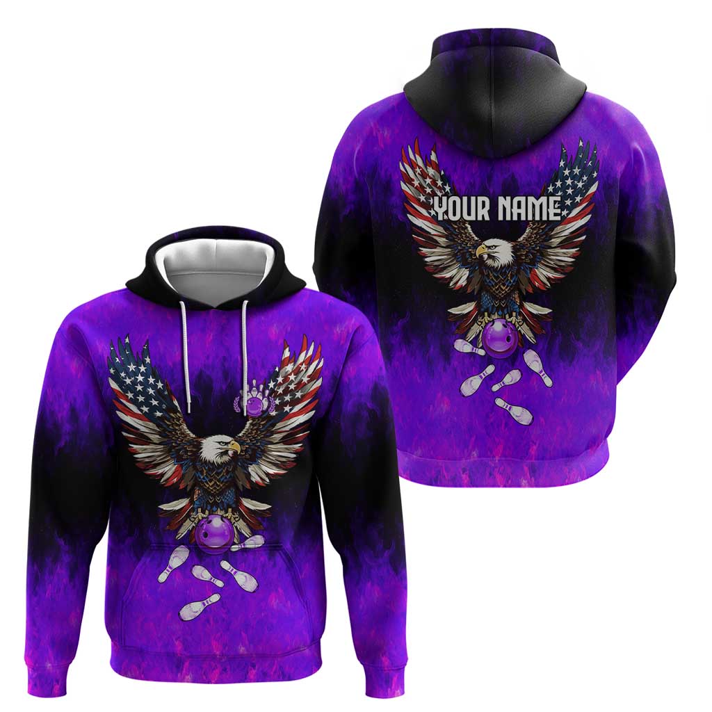 Personalized Patriotic Eagle Bowling Hoodie with Purple Flames USA Flag Wings Design - Wonder Print Shop