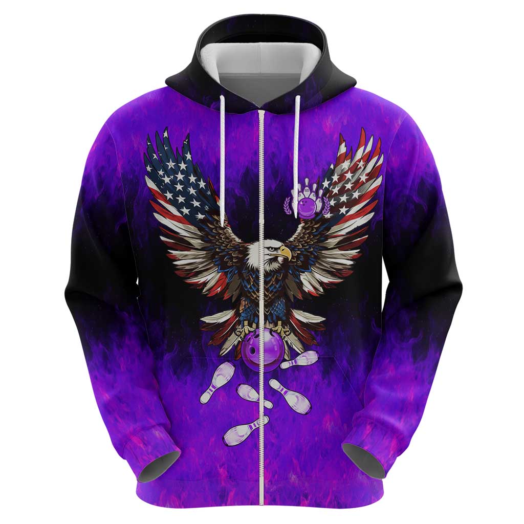 Personalized Patriotic Eagle Bowling Hoodie with Purple Flames USA Flag Wings Design - Wonder Print Shop