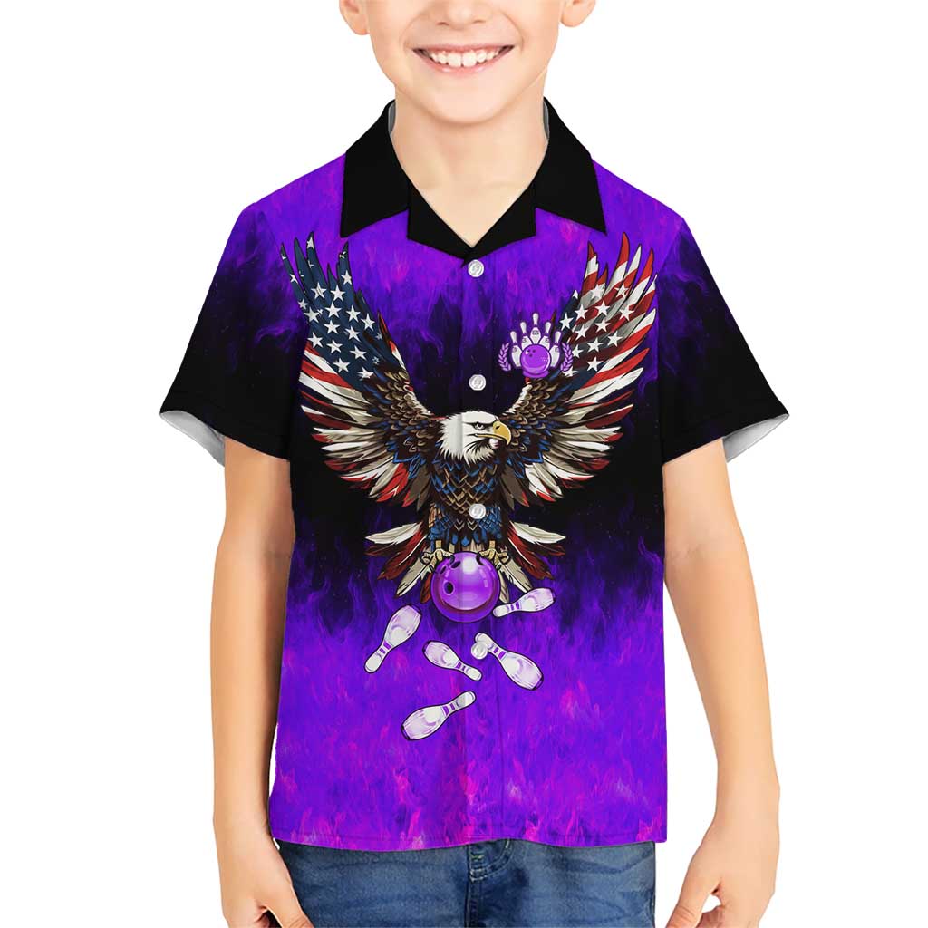 Personalized Patriotic Eagle Bowling Kid Hawaiian Shirt with Purple Flames USA Flag Wings Design - Wonder Print Shop