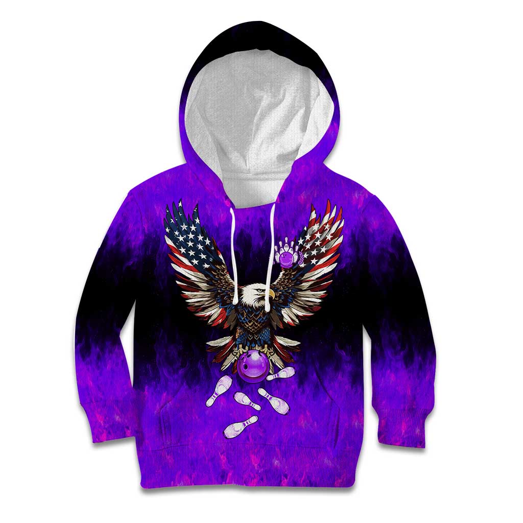 Personalized Patriotic Eagle Bowling Kid Hoodie with Purple Flames USA Flag Wings Design - Wonder Print Shop