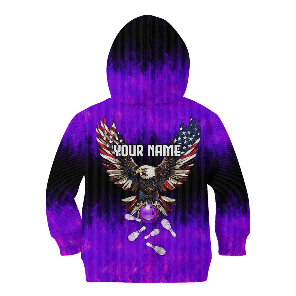 Personalized Patriotic Eagle Bowling Kid Hoodie with Purple Flames USA Flag Wings Design - Wonder Print Shop