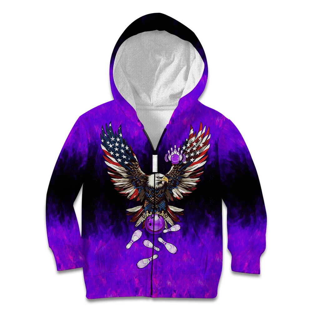 Personalized Patriotic Eagle Bowling Kid Hoodie with Purple Flames USA Flag Wings Design - Wonder Print Shop