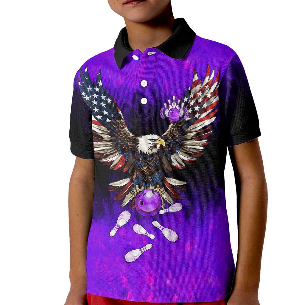 Personalized Patriotic Eagle Bowling Kid Polo Shirt with Purple Flames USA Flag Wings Design - Wonder Print Shop