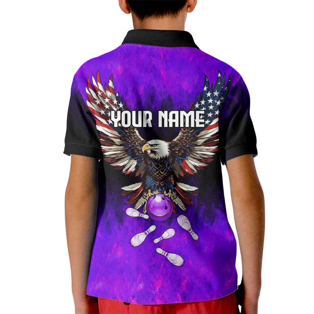 Personalized Patriotic Eagle Bowling Kid Polo Shirt with Purple Flames USA Flag Wings Design - Wonder Print Shop