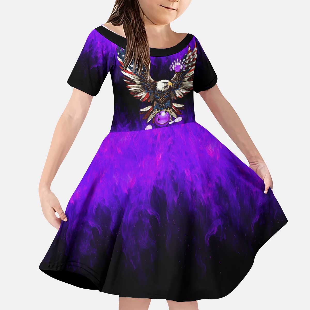 Personalized Patriotic Eagle Bowling Kid Short Sleeve Dress with Purple Flames USA Flag Wings Design - Wonder Print Shop
