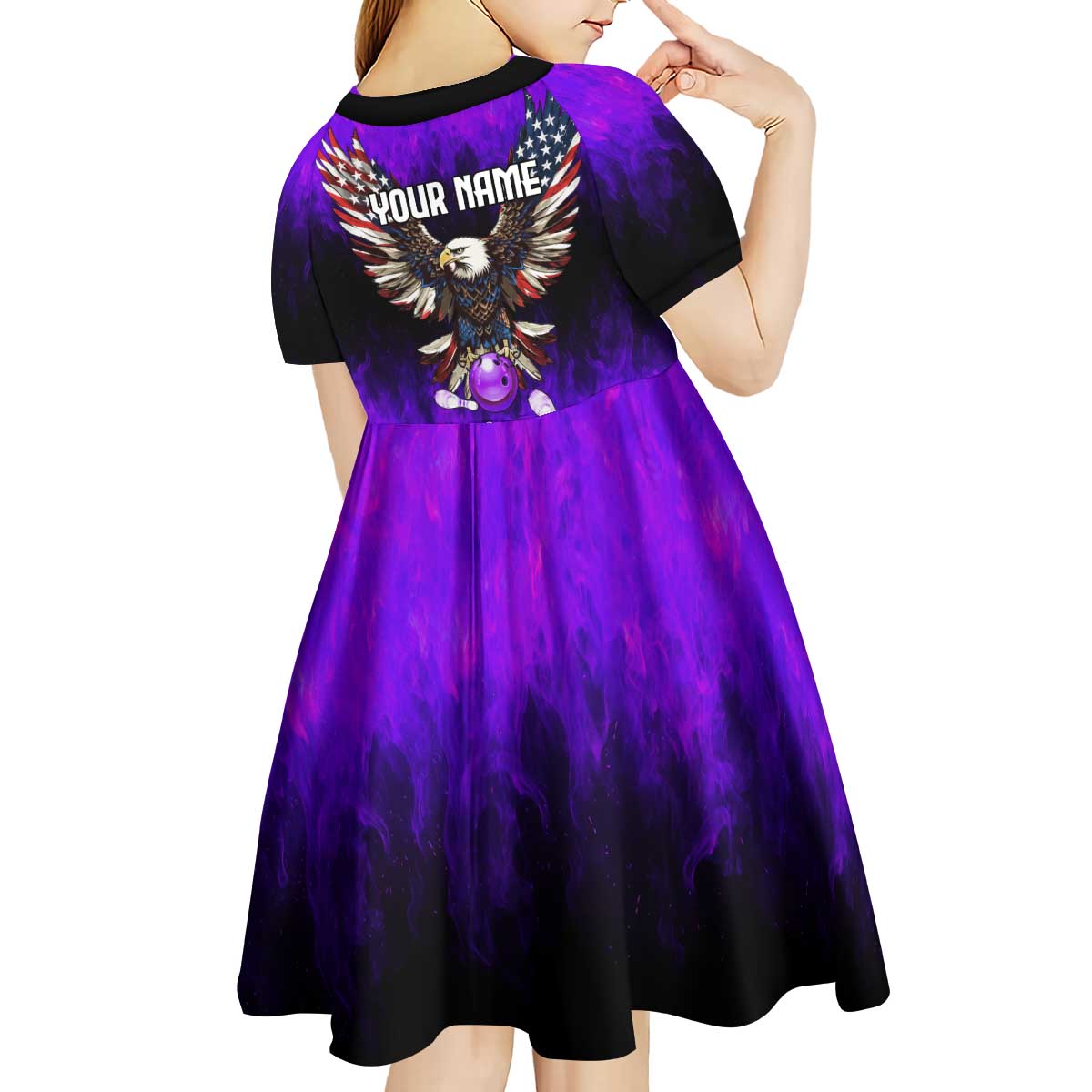 Personalized Patriotic Eagle Bowling Kid Short Sleeve Dress with Purple Flames USA Flag Wings Design - Wonder Print Shop