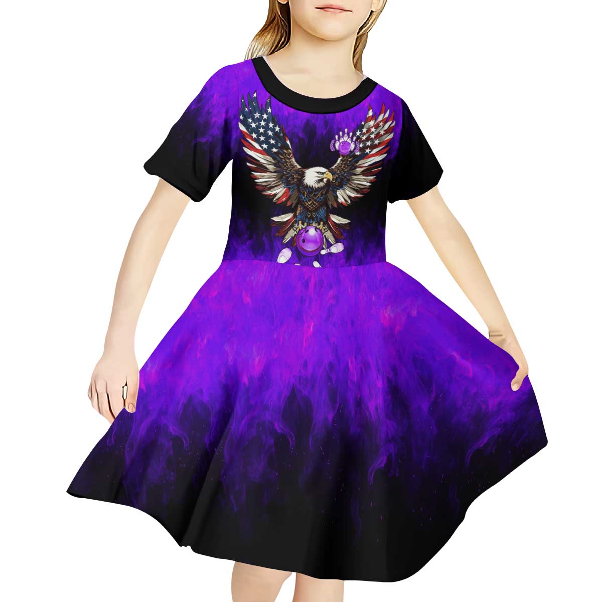 Personalized Patriotic Eagle Bowling Kid Short Sleeve Dress with Purple Flames USA Flag Wings Design - Wonder Print Shop
