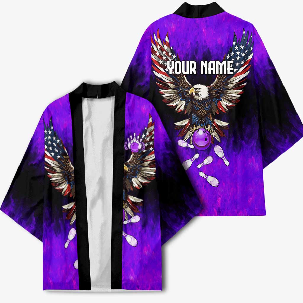 Personalized Patriotic Eagle Bowling Kimono with Purple Flames USA Flag Wings Design - Wonder Print Shop