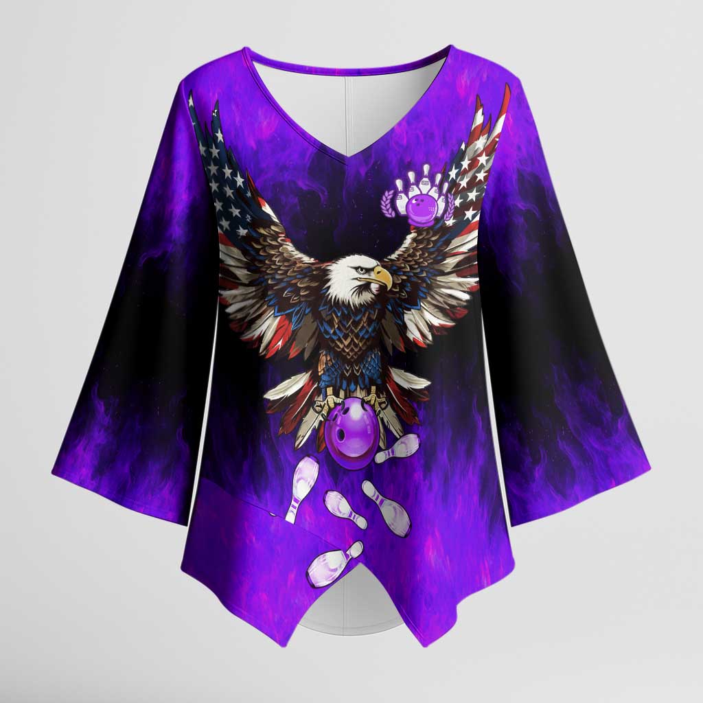 Personalized Patriotic Eagle Bowling Kimono Sleeve Blouse with Purple Flames USA Flag Wings Design - Wonder Print Shop