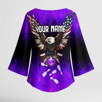 Personalized Patriotic Eagle Bowling Kimono Sleeve Blouse with Purple Flames USA Flag Wings Design - Wonder Print Shop