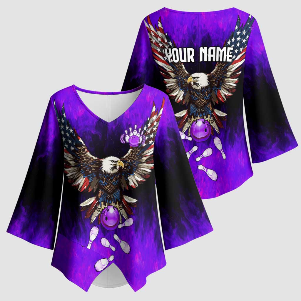Personalized Patriotic Eagle Bowling Kimono Sleeve Blouse with Purple Flames USA Flag Wings Design - Wonder Print Shop