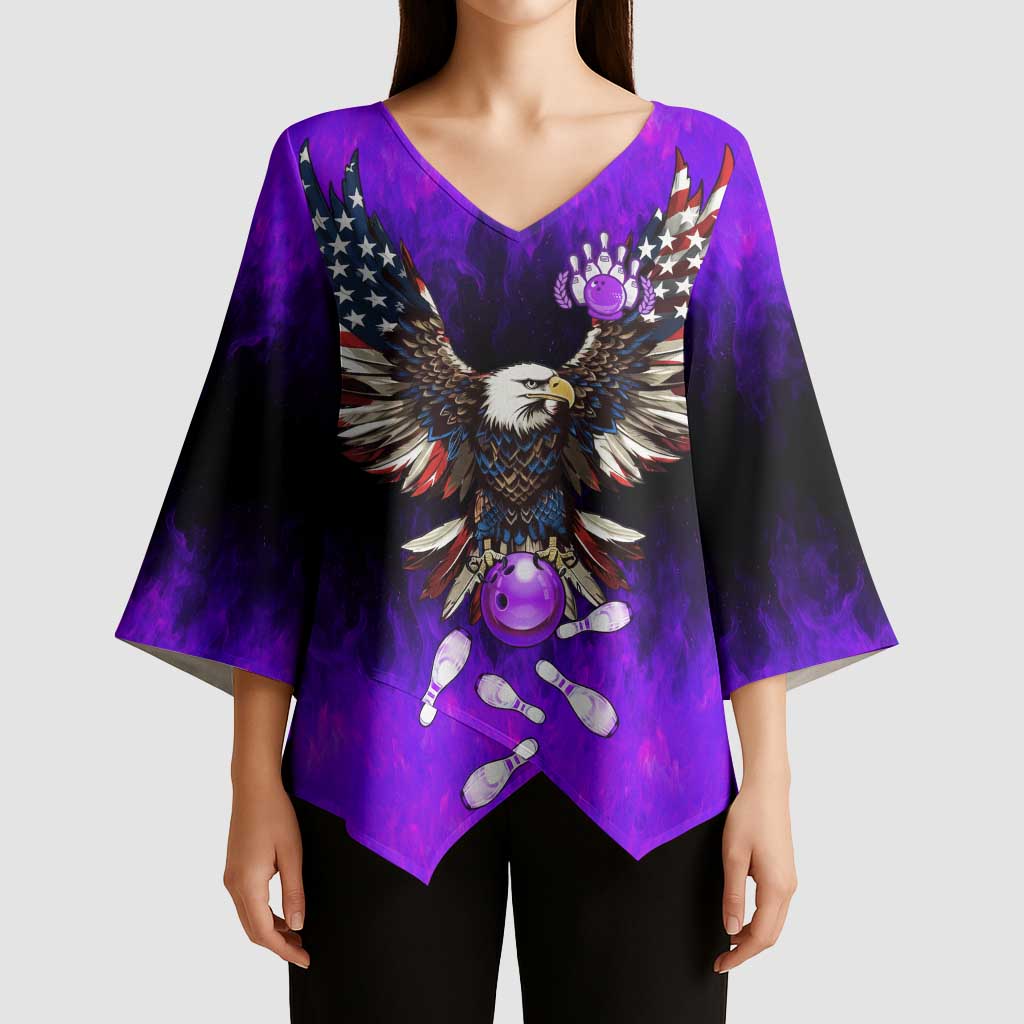 Personalized Patriotic Eagle Bowling Kimono Sleeve Blouse with Purple Flames USA Flag Wings Design - Wonder Print Shop