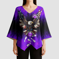 Personalized Patriotic Eagle Bowling Kimono Sleeve Blouse with Purple Flames USA Flag Wings Design - Wonder Print Shop