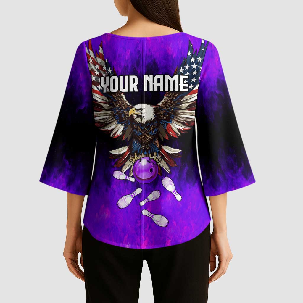 Personalized Patriotic Eagle Bowling Kimono Sleeve Blouse with Purple Flames USA Flag Wings Design - Wonder Print Shop