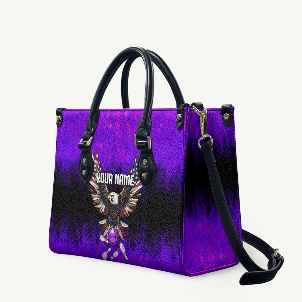 Personalized Patriotic Eagle Bowling Leather Bag with Purple Flames USA Flag Wings Design - Wonder Print Shop