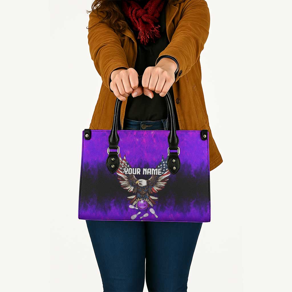 Personalized Patriotic Eagle Bowling Leather Bag with Purple Flames USA Flag Wings Design - Wonder Print Shop