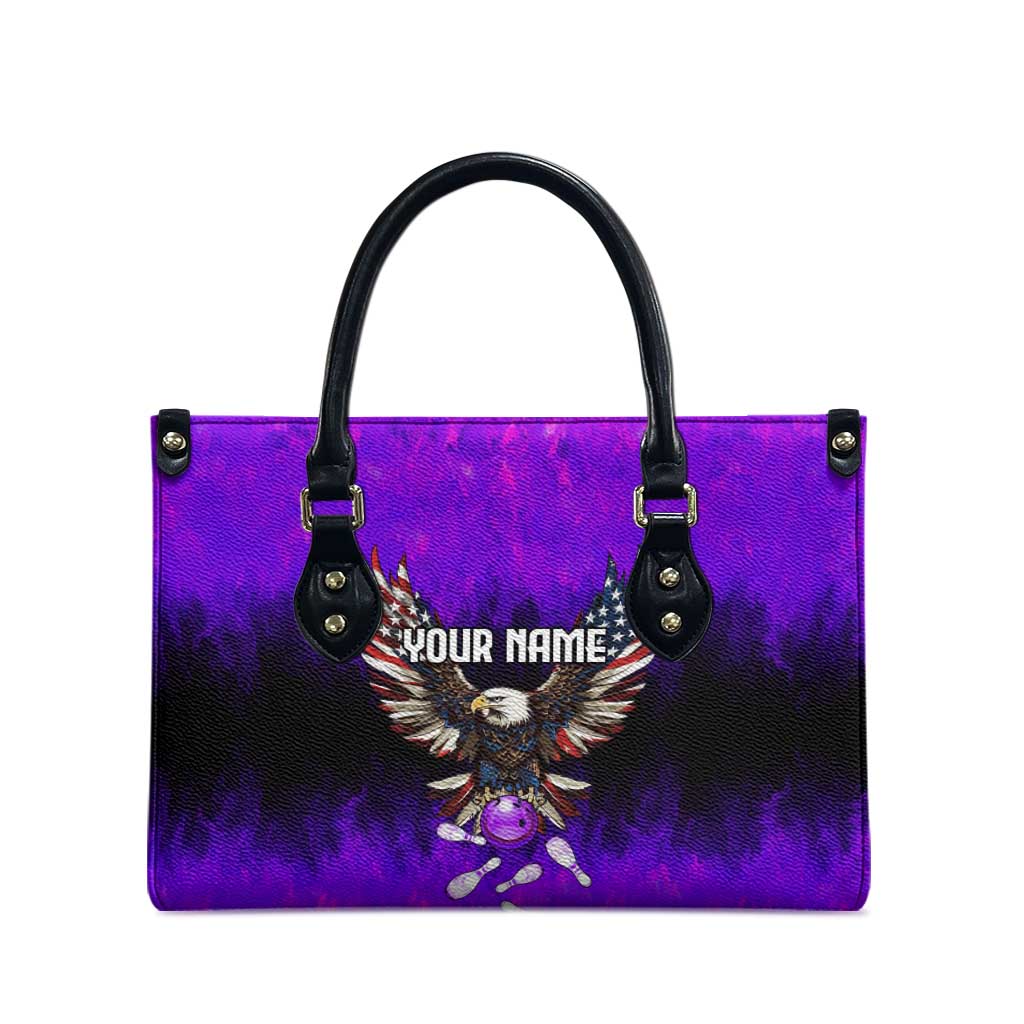 Personalized Patriotic Eagle Bowling Leather Bag with Purple Flames USA Flag Wings Design - Wonder Print Shop