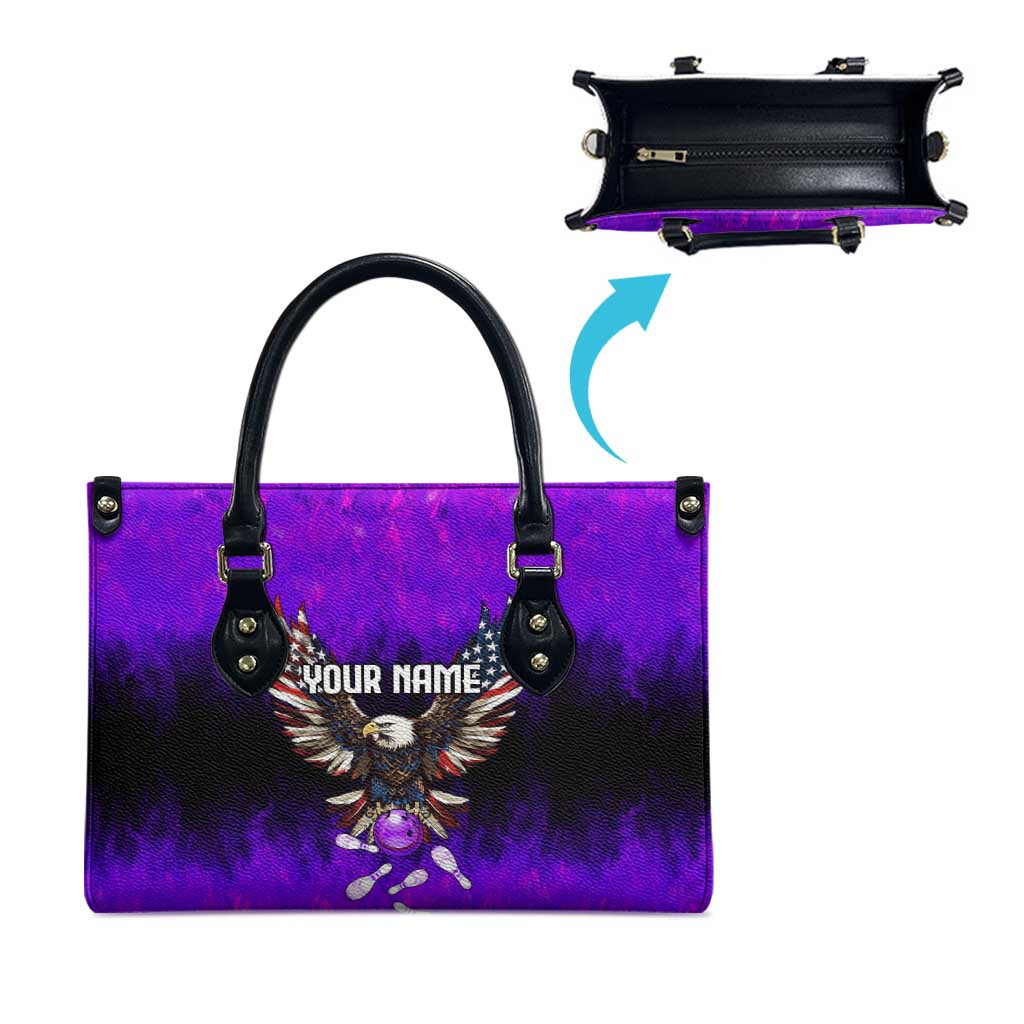 Personalized Patriotic Eagle Bowling Leather Bag with Purple Flames USA Flag Wings Design - Wonder Print Shop