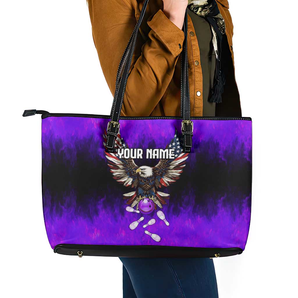 Personalized Patriotic Eagle Bowling Leather Tote Bag with Purple Flames USA Flag Wings Design - Wonder Print Shop