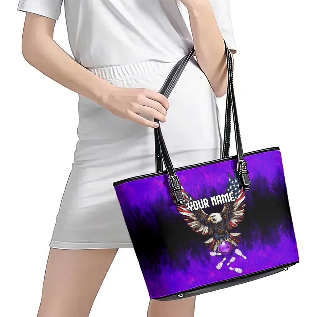 Personalized Patriotic Eagle Bowling Leather Tote Bag with Purple Flames USA Flag Wings Design - Wonder Print Shop