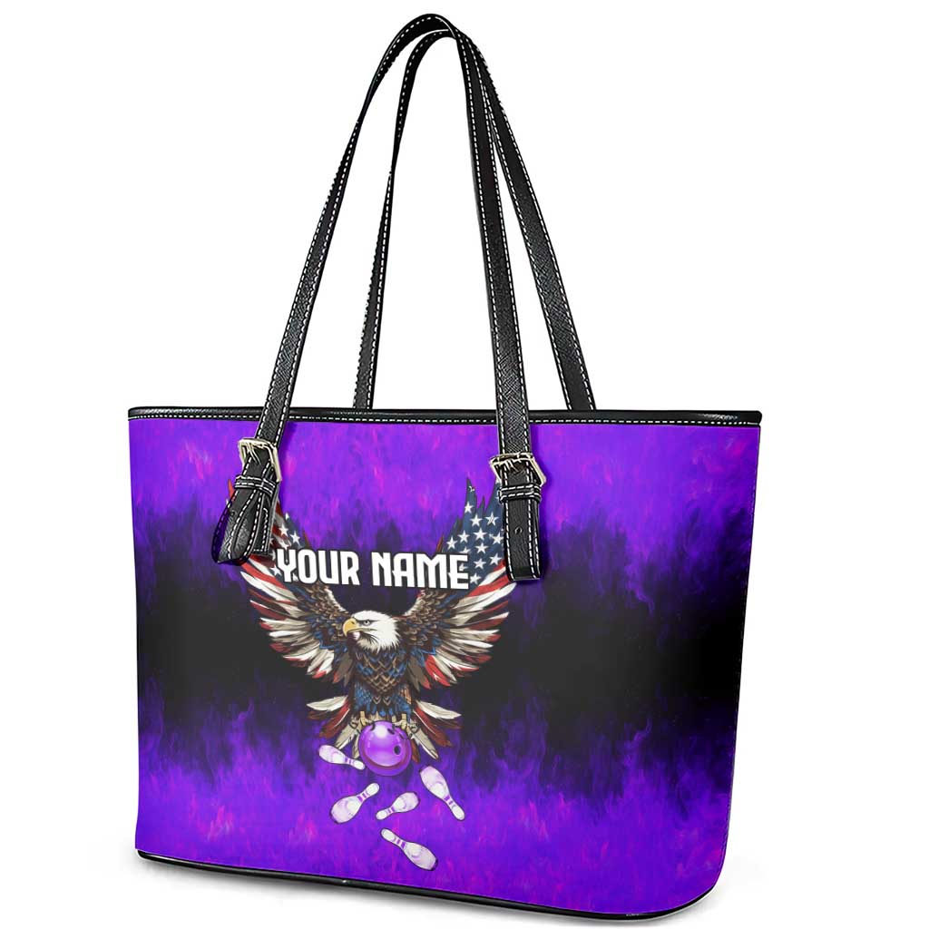 Personalized Patriotic Eagle Bowling Leather Tote Bag with Purple Flames USA Flag Wings Design - Wonder Print Shop