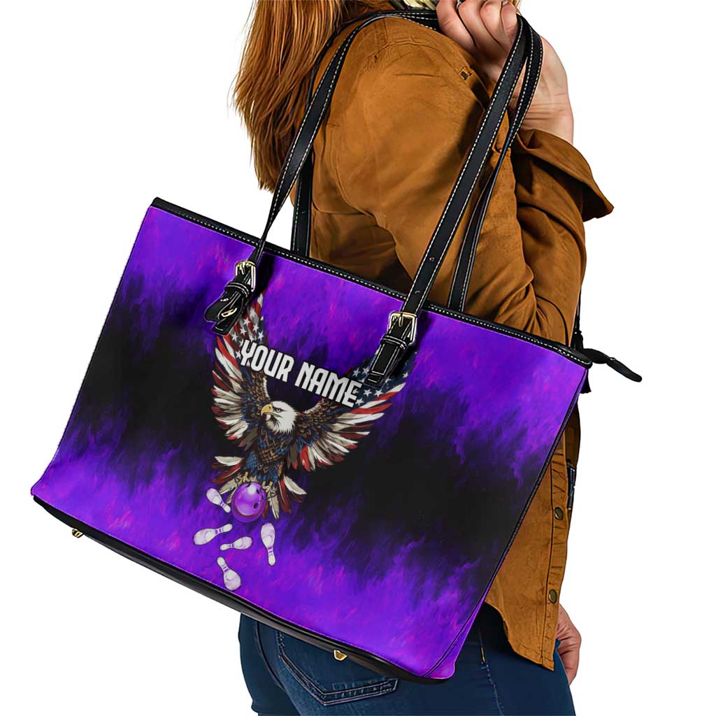 Personalized Patriotic Eagle Bowling Leather Tote Bag with Purple Flames USA Flag Wings Design - Wonder Print Shop