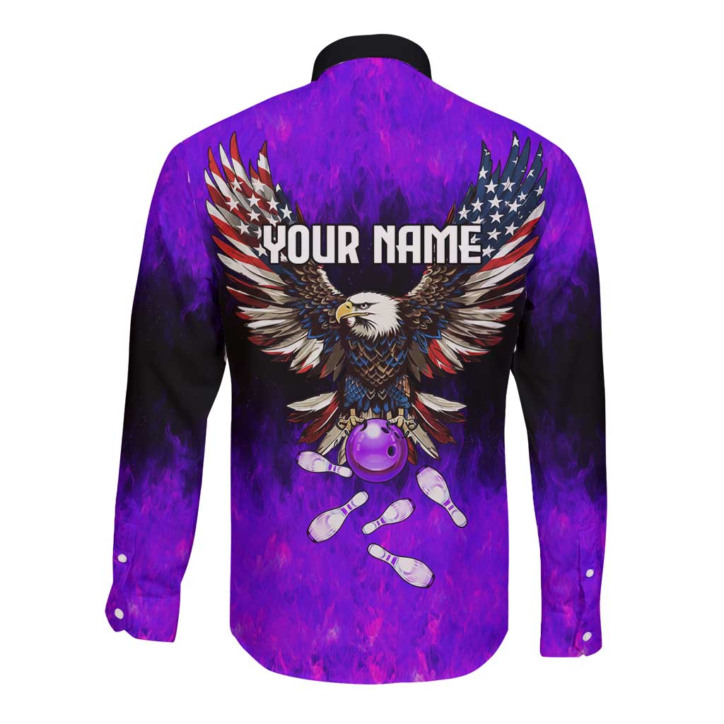 Personalized Patriotic Eagle Bowling Long Sleeve Button Shirt with Purple Flames USA Flag Wings Design - Wonder Print Shop
