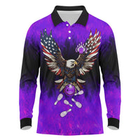 Personalized Patriotic Eagle Bowling Long Sleeve Polo Shirt with Purple Flames USA Flag Wings Design - Wonder Print Shop