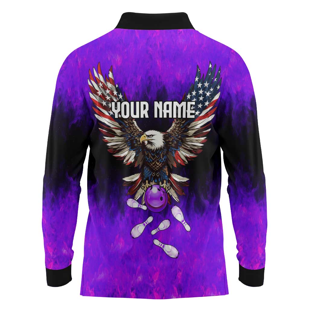 Personalized Patriotic Eagle Bowling Long Sleeve Polo Shirt with Purple Flames USA Flag Wings Design - Wonder Print Shop