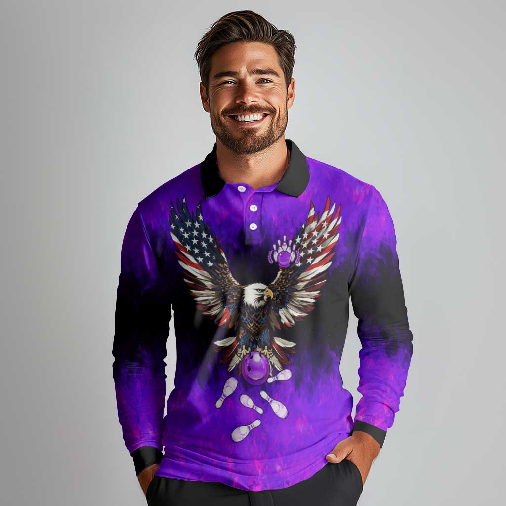 Personalized Patriotic Eagle Bowling Long Sleeve Polo Shirt with Purple Flames USA Flag Wings Design - Wonder Print Shop