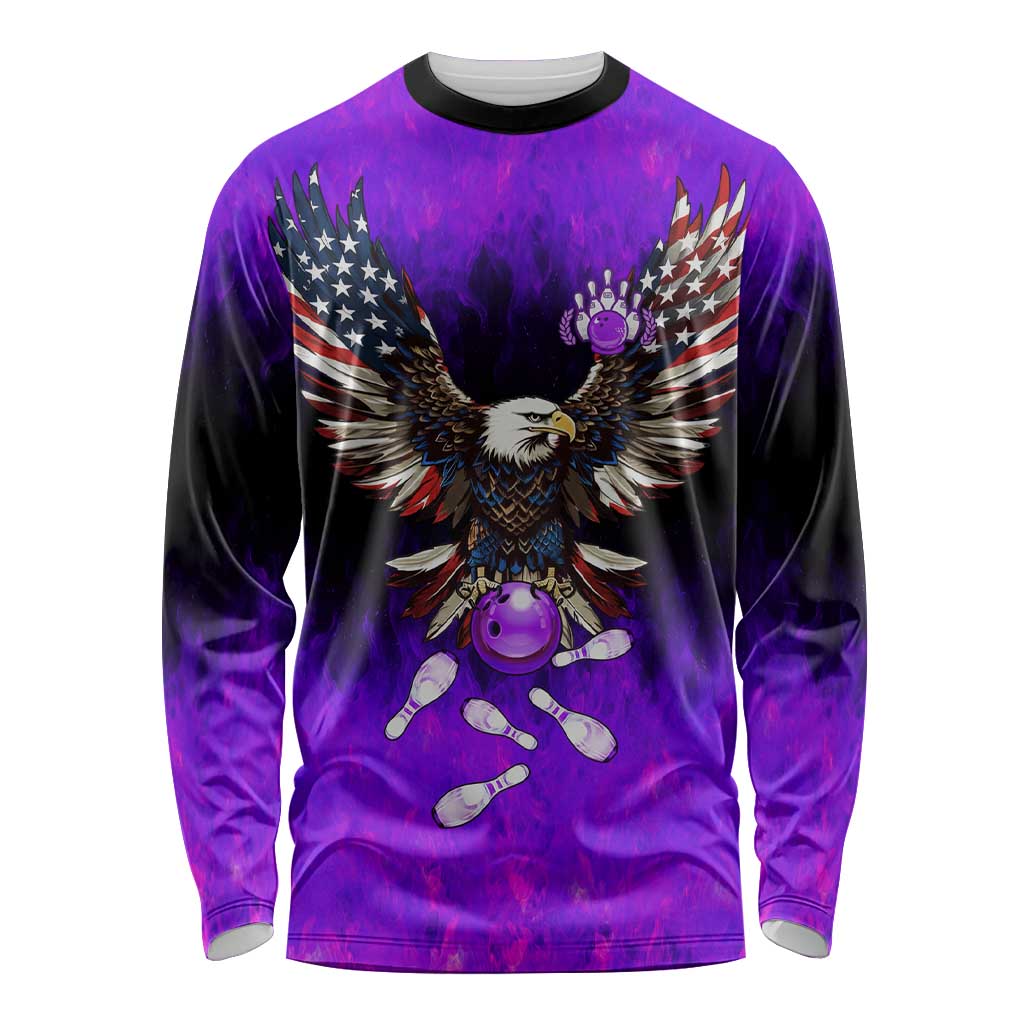 Personalized Patriotic Eagle Bowling Long Sleeve Shirt with Purple Flames USA Flag Wings Design - Wonder Print Shop