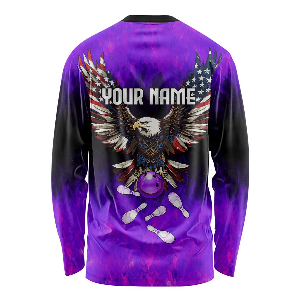 Personalized Patriotic Eagle Bowling Long Sleeve Shirt with Purple Flames USA Flag Wings Design - Wonder Print Shop