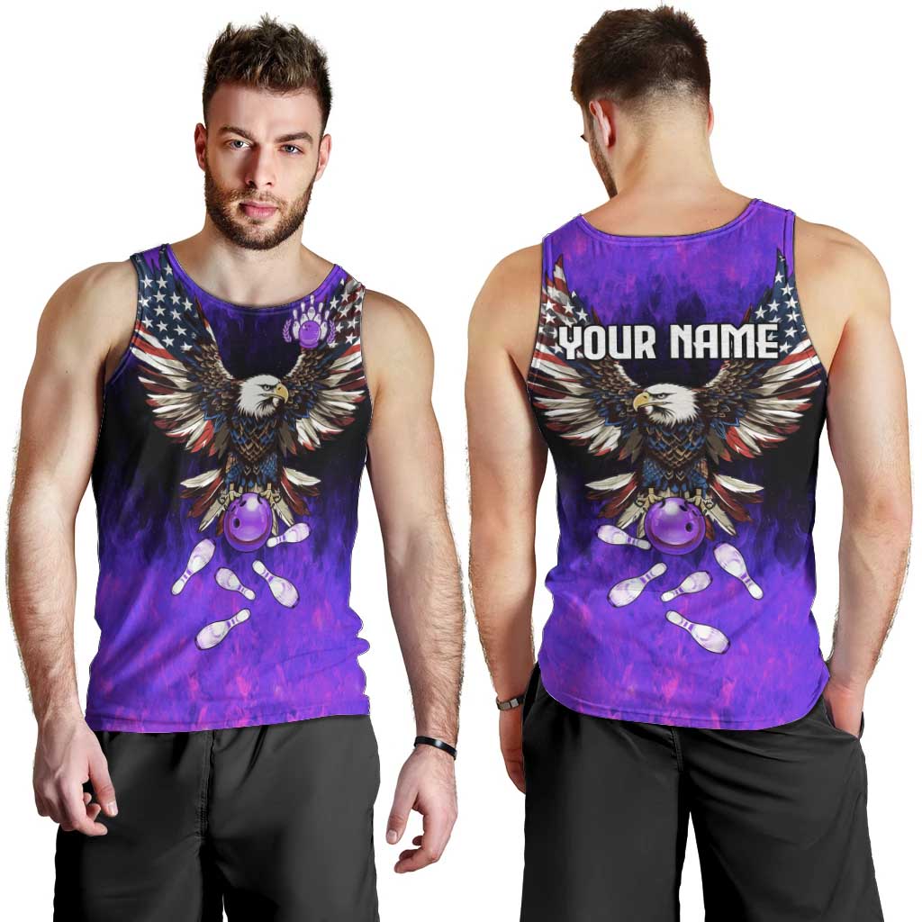 Personalized Patriotic Eagle Bowling Men Tank Top with Purple Flames USA Flag Wings Design - Wonder Print Shop