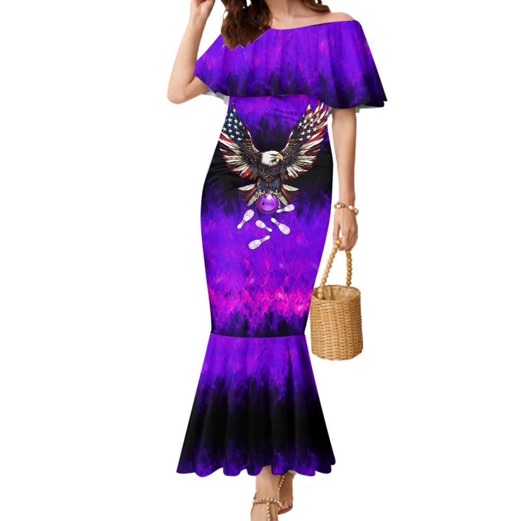 Personalized Patriotic Eagle Bowling Mermaid Dress with Purple Flames USA Flag Wings Design - Wonder Print Shop